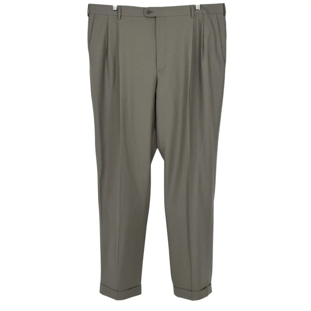 Zanella Bennett Mens 41x34 Pleated Dress Pants Super 120s Wool Olive Trousers